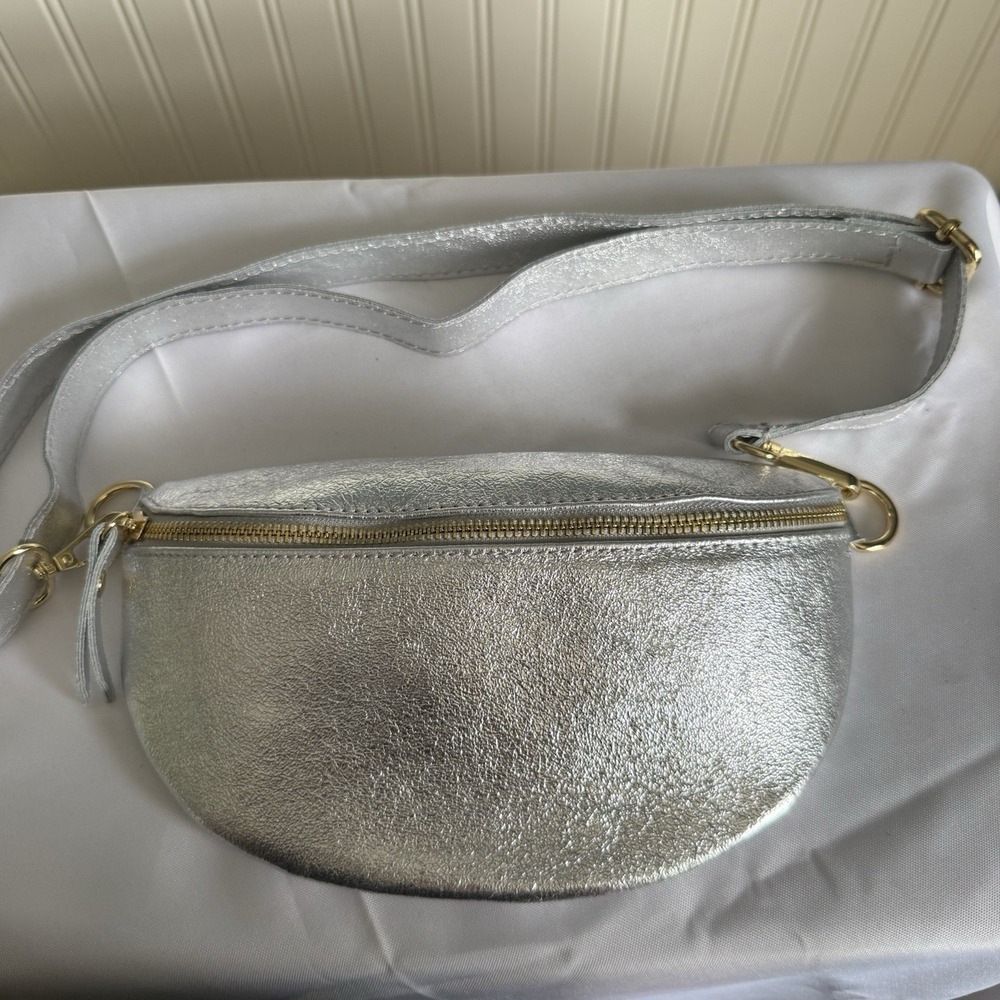MARLON Italy Sling Bag Waist Belt Bag Leather Crossbody Purse Metallic Silver